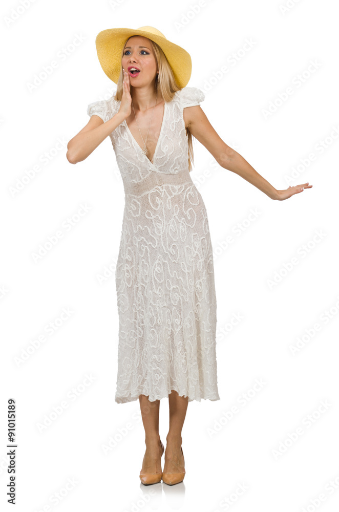 Woman in long summer dress and hat isolated on white