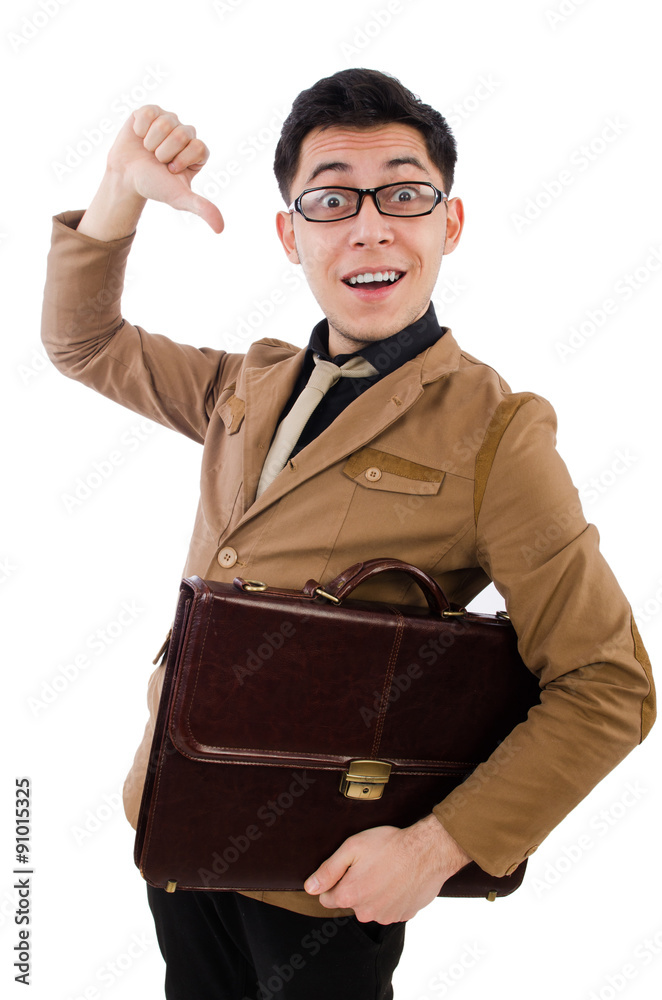Young man with brown briefcase isolated on white Young man with brown briefcase isolated on white