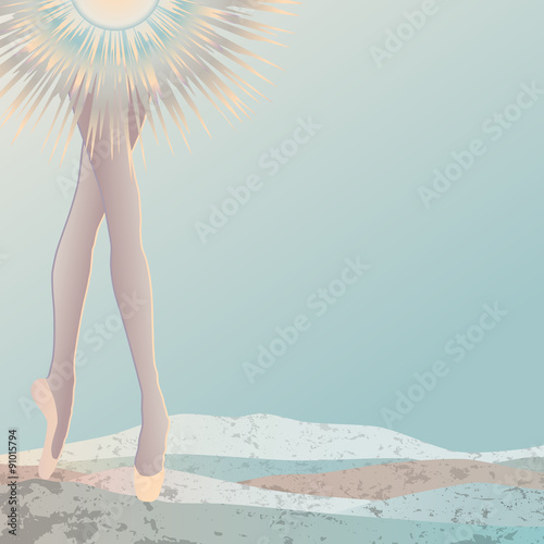 Classical ballet dancer posing on pointe over barren land or ice desert, dressed in a tutu symbolizing the rising winter sun