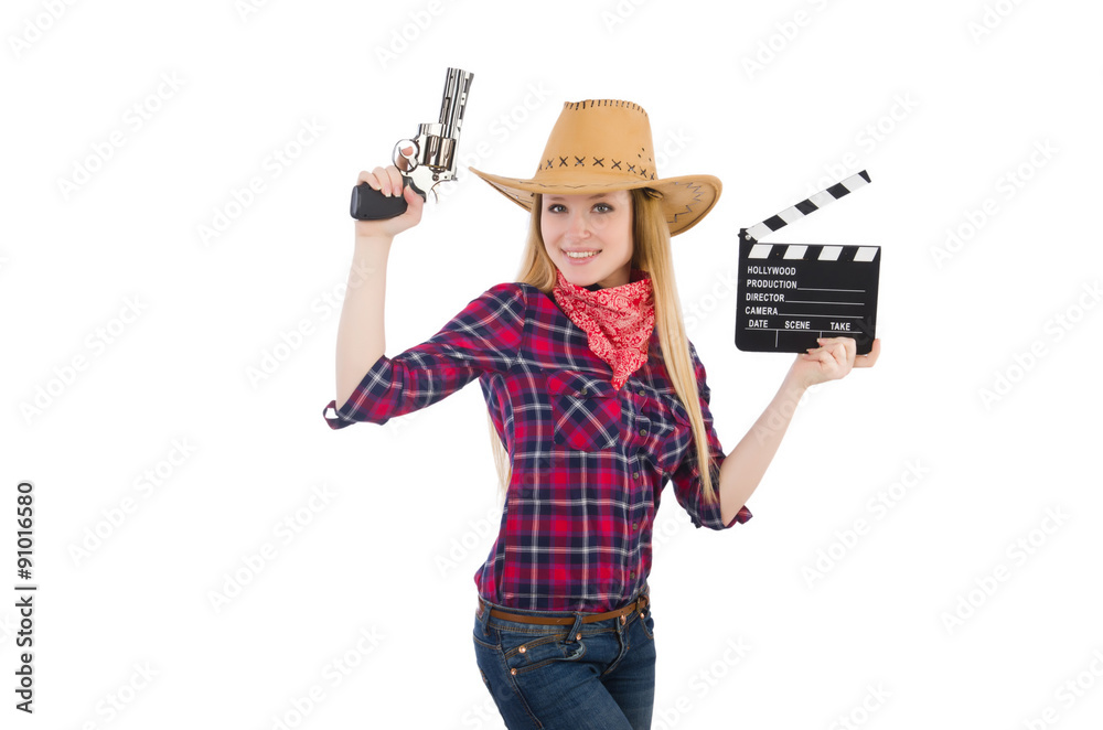 Woman holding clapperboard isolated on white Woman holding clapperboard isolated on white