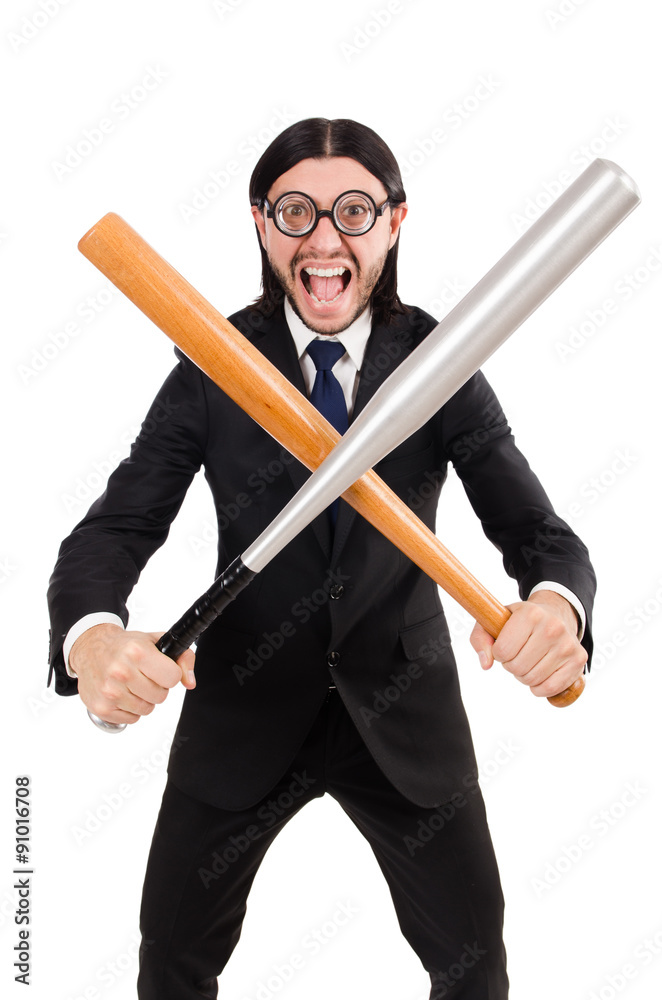 Young elegant man in black suit holding bat isolated on white Young elegant man in black suit holding bat isolated on white
