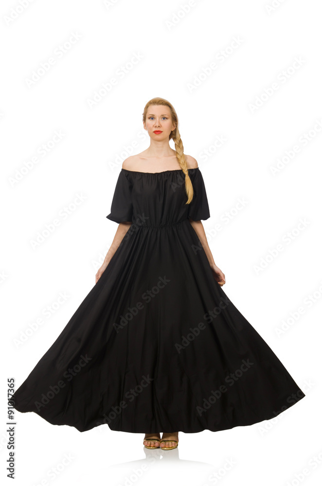Tall woman in long black dress isolated on white Tall woman in long black dress isolated on white
