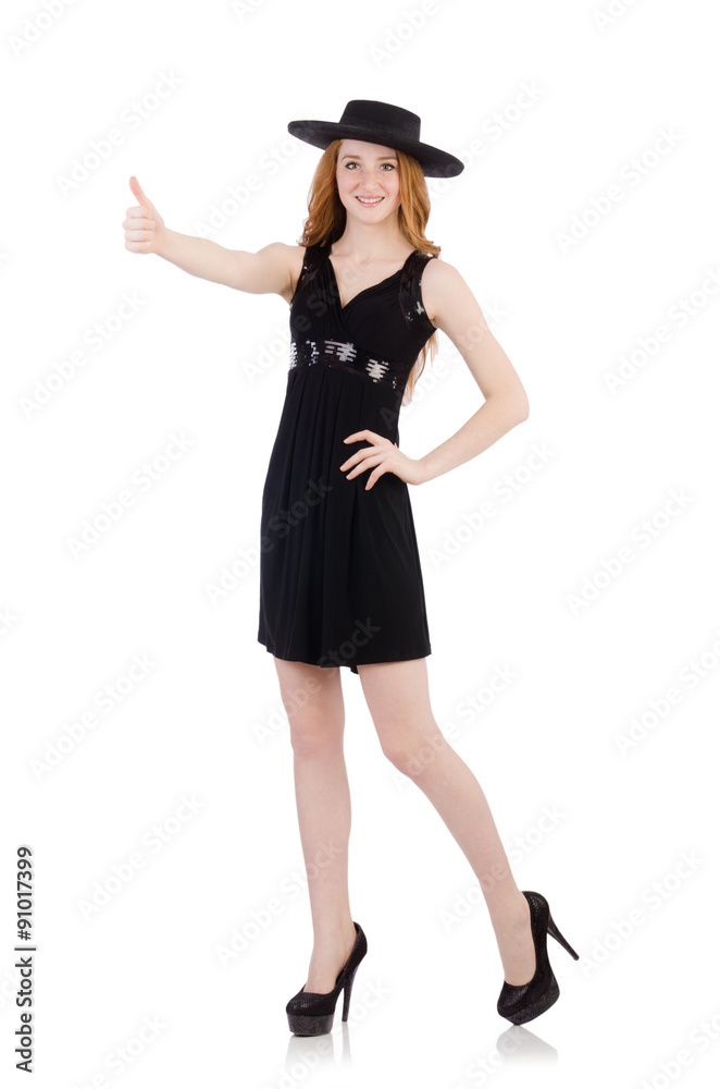 Woman in black dress and hat isolated on white Woman in black dress and hat isolated on white