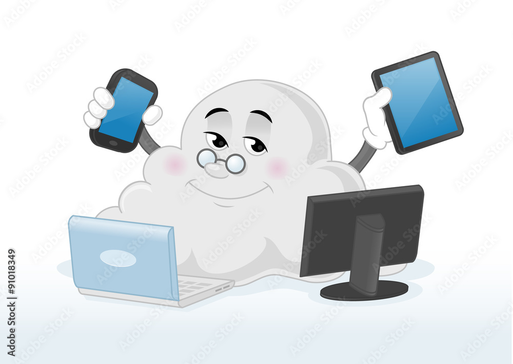 Happy cloud computing mascot using devices vector cartoon illustration Stock Vector | Adobe Stock Happy cloud computing mascot using devices vector cartoon illustration Stock Vector | Adobe Stock