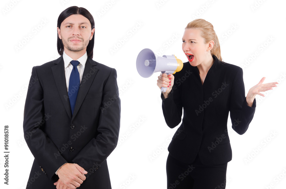 Businessman and businesswoman with megaphone isolated on white Businessman and businesswoman with megaphone isolated on white