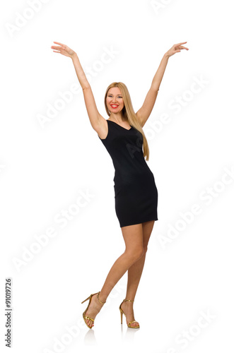 Young pretty woman in mini black dress isolated on white