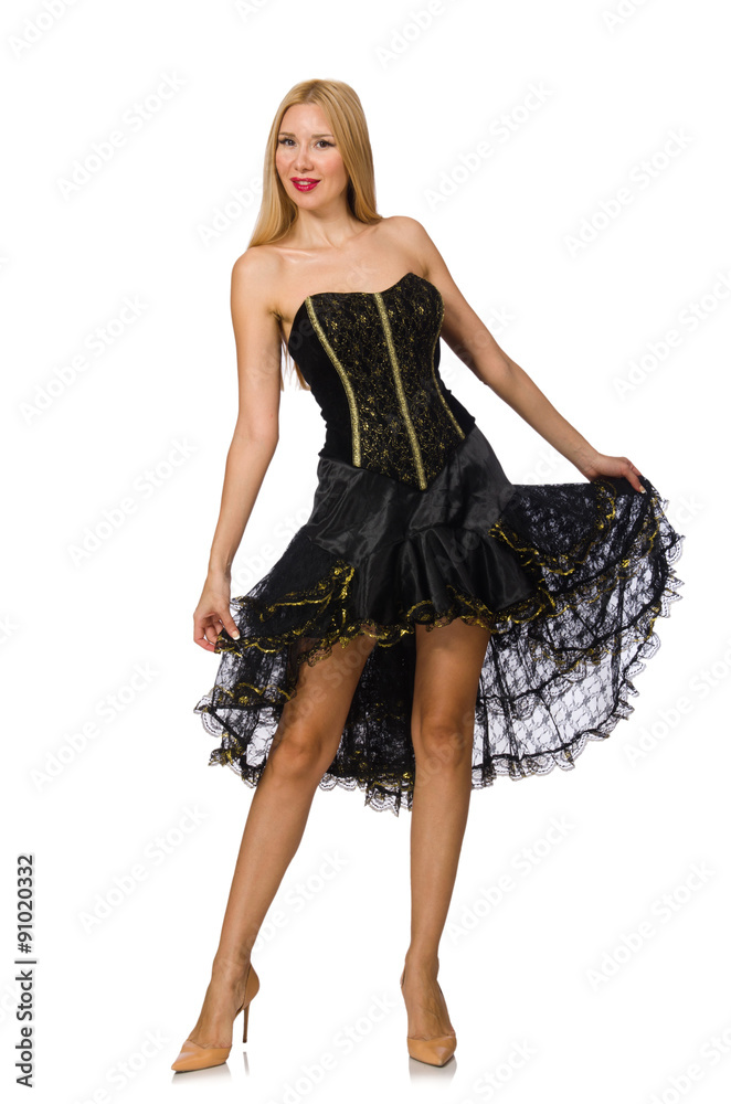 Blond hair girl in black evening dress isolated on white Blond hair girl in black evening dress isolated on white