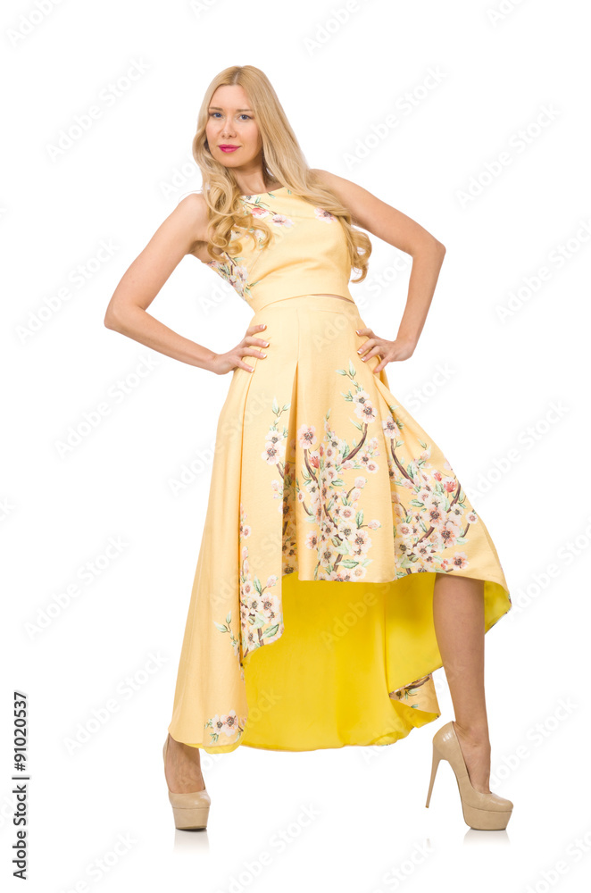 Blond girl in charming dress with flower prints isolated on whit Blond girl in charming dress with flower prints isolated on whit