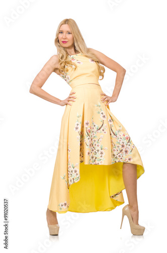 Blond girl in charming dress with flower prints isolated on whit