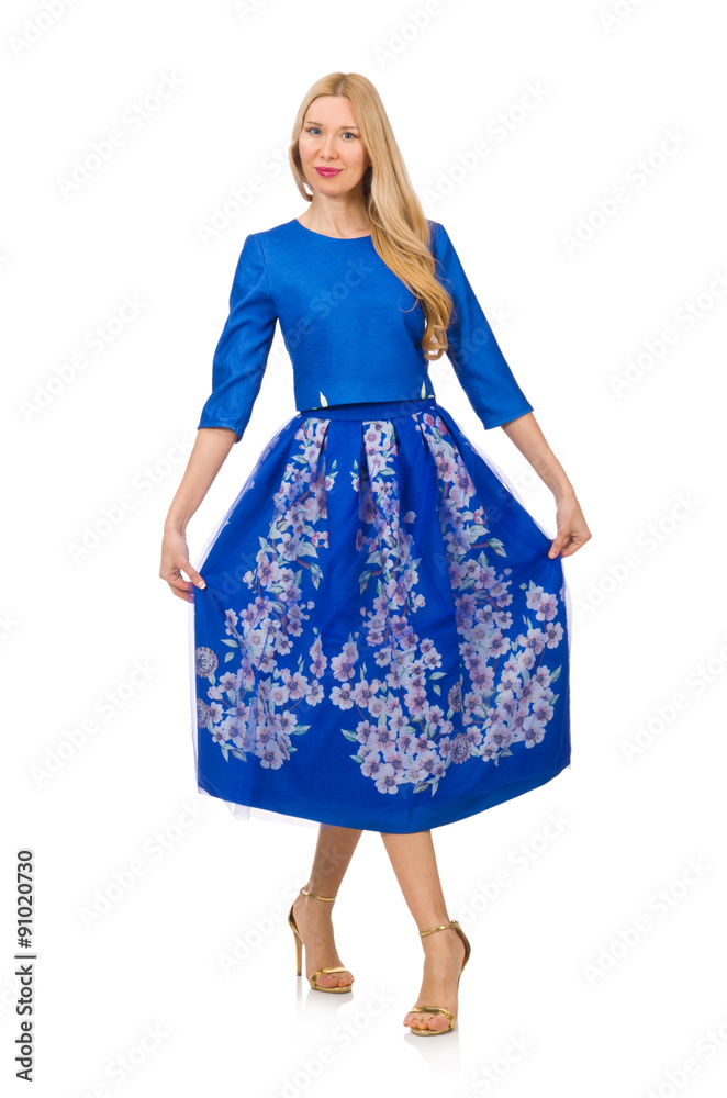 Woman in blue dress with flower prints isolated on white Woman in blue dress with flower prints isolated on white