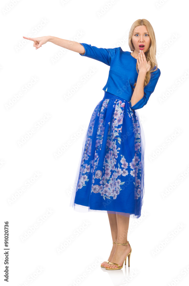Woman in blue dress with flower prints isolated on white Woman in blue dress with flower prints isolated on white