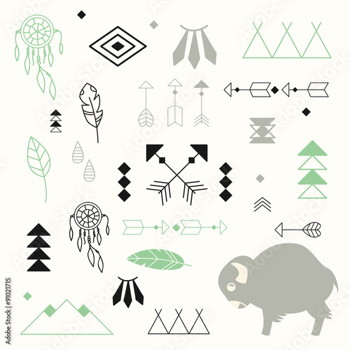 Collection of native American symbols with cute baby buffalo and