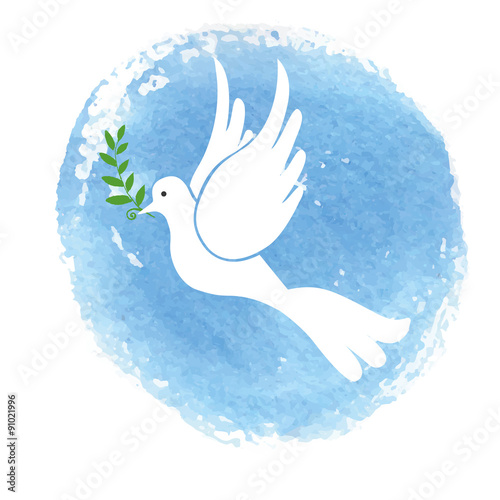 Peace day symbol.White pigeon,watercolor blue sky