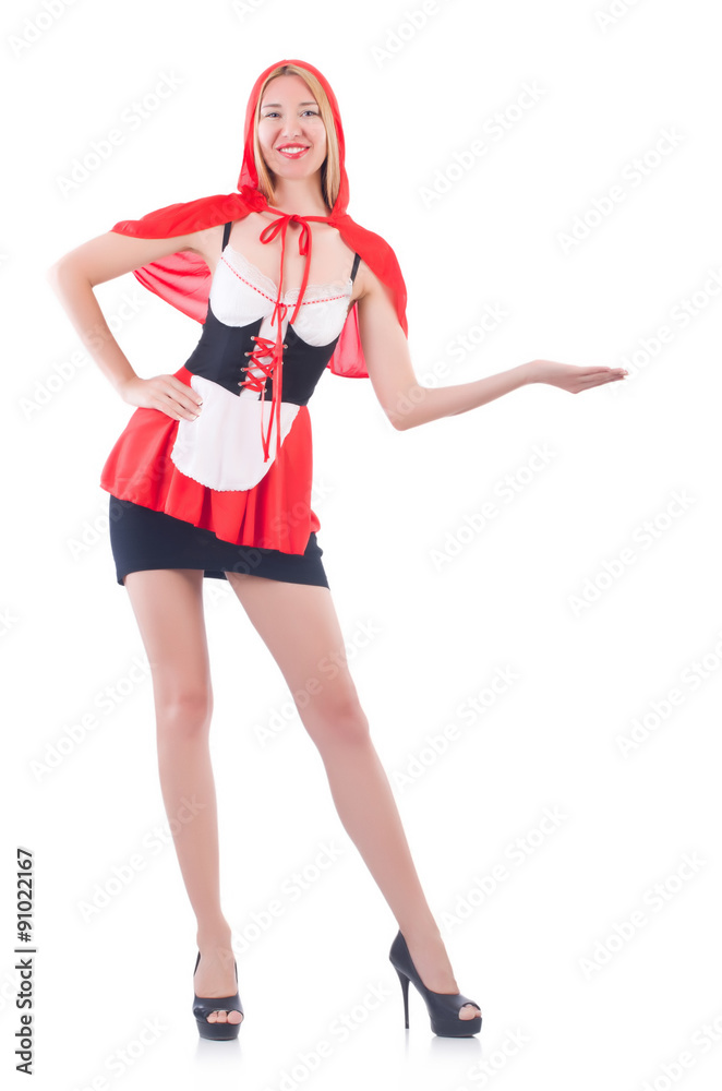 Girl in riding red hood costume isolated on white Girl in riding red hood costume isolated on white