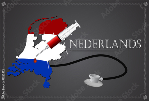 Map of Nederlands with Stethoscope and syringe.