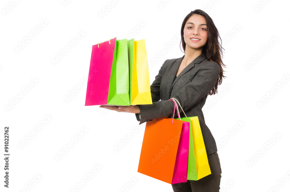 Attractive woman with shopping bags isolated on white Attractive woman with shopping bags isolated on white
