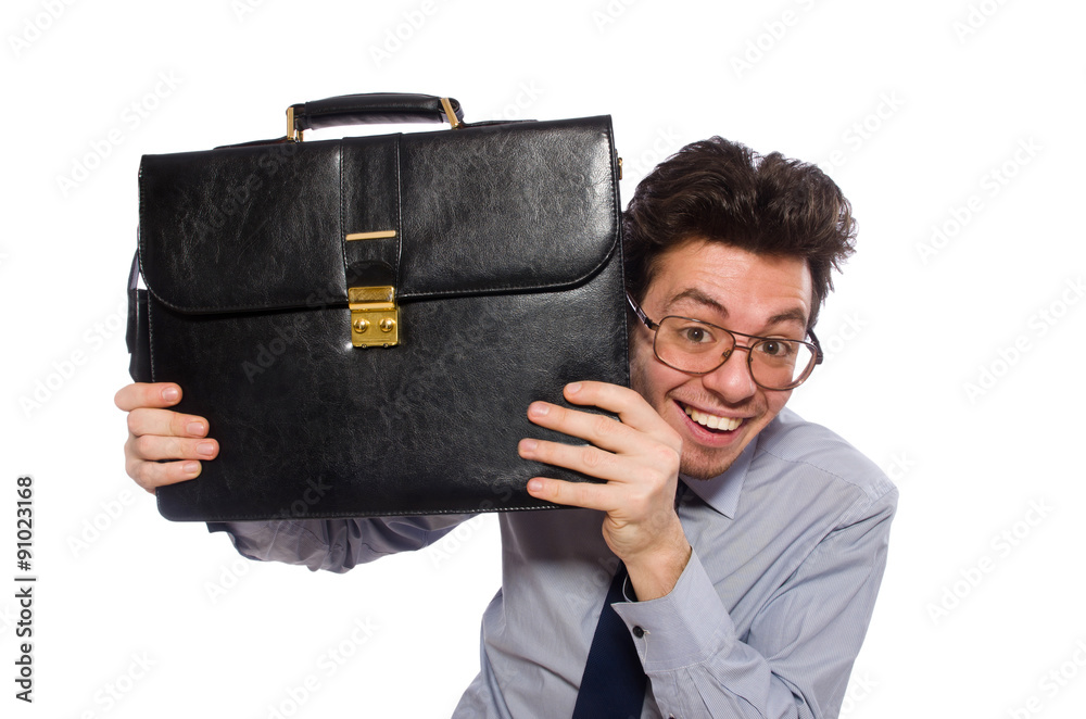 Young employee with briefcase isolated on white Young employee with briefcase isolated on white