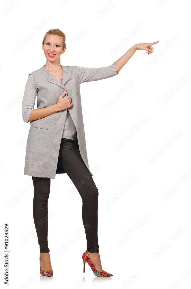 Pretty woman in gray blouse isolated on white Pretty woman in gray blouse isolated on white