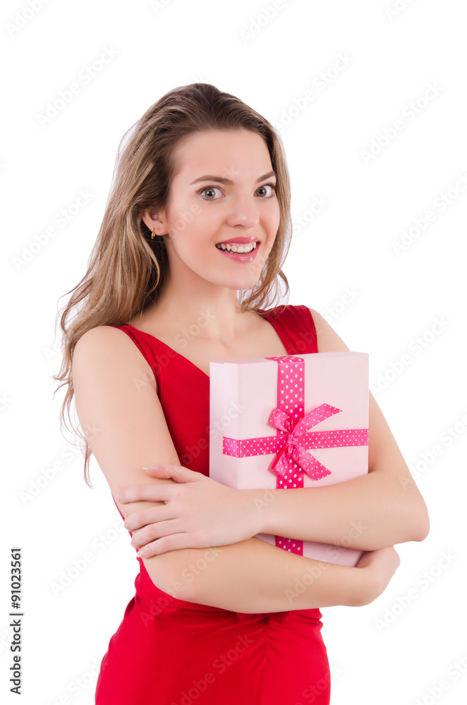 Pretty girl holding gift box isolated on white Pretty girl holding gift box isolated on white