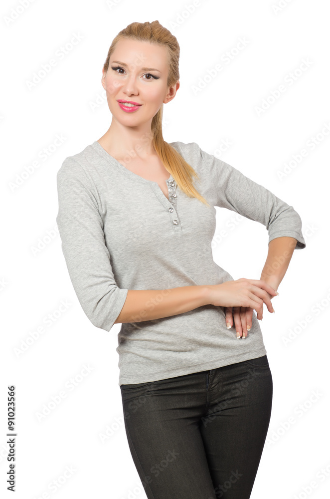 Pretty woman in gray blouse isolated on white Pretty woman in gray blouse isolated on white