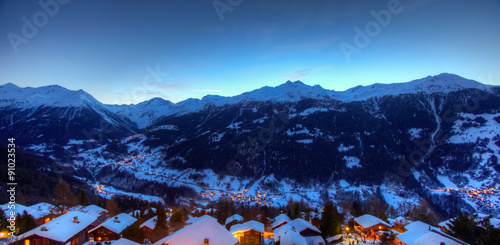 Panoramic view of the Val d'Anniviers at dusk, view from the village of St Luc. Canton of Valais, Switzerland