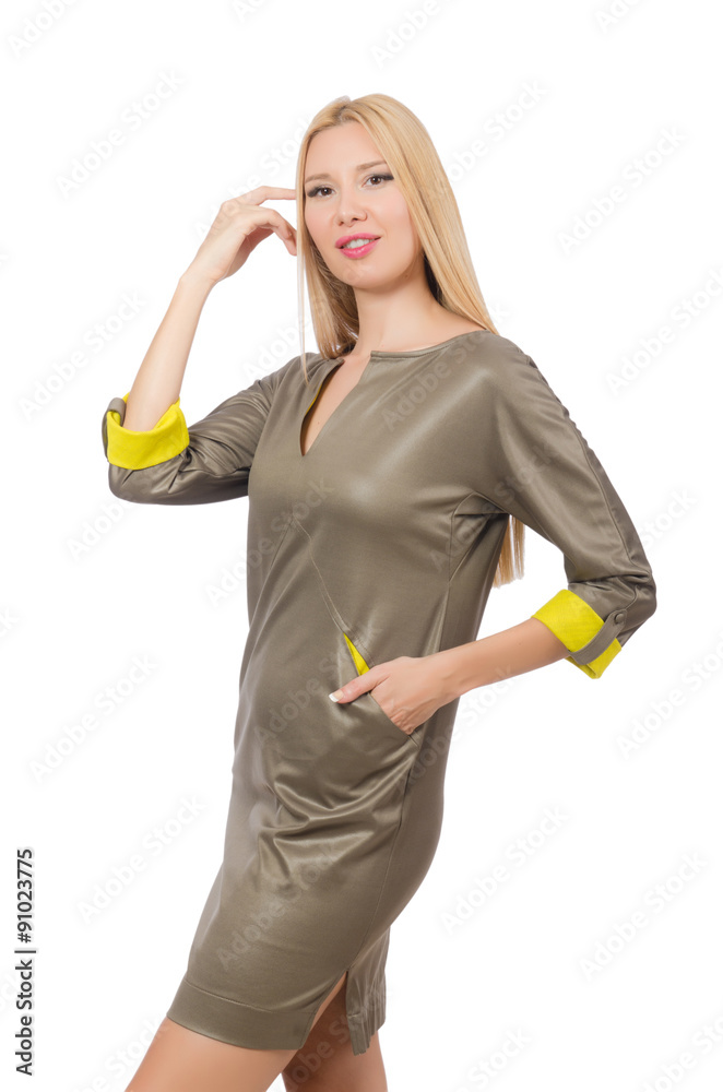Blondie in gray satin dress isolated on white Blondie in gray satin dress isolated on white