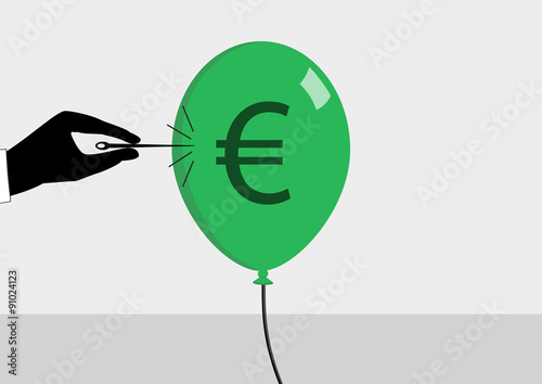 Financial crisis and currency inflation concept. Vector illustration of hand and needle bursting a bubble or balloon