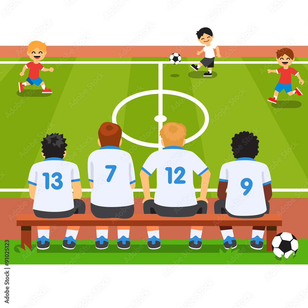 Fototapeta premium Children soccer team sitting on a bench
