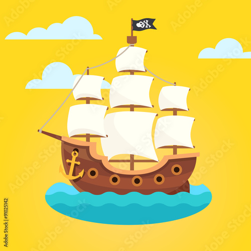 Pirate ship with white sails and black scull flag