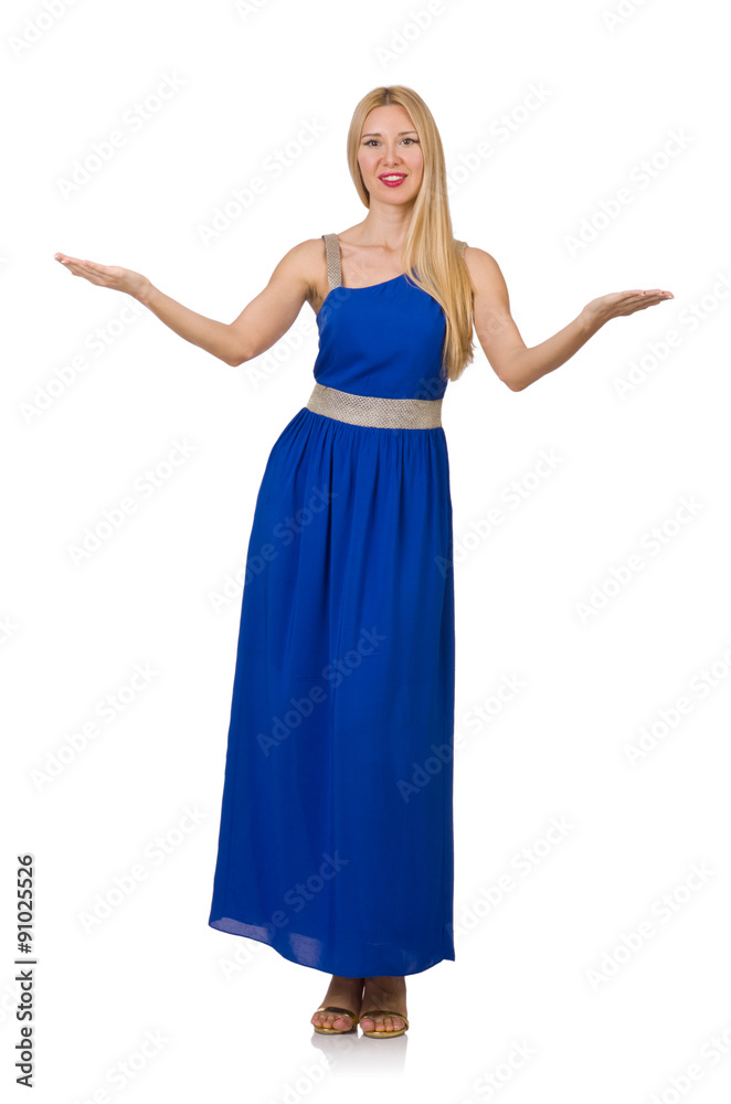 Beautiful woman in long blue dress isolated on white Beautiful woman in long blue dress isolated on white