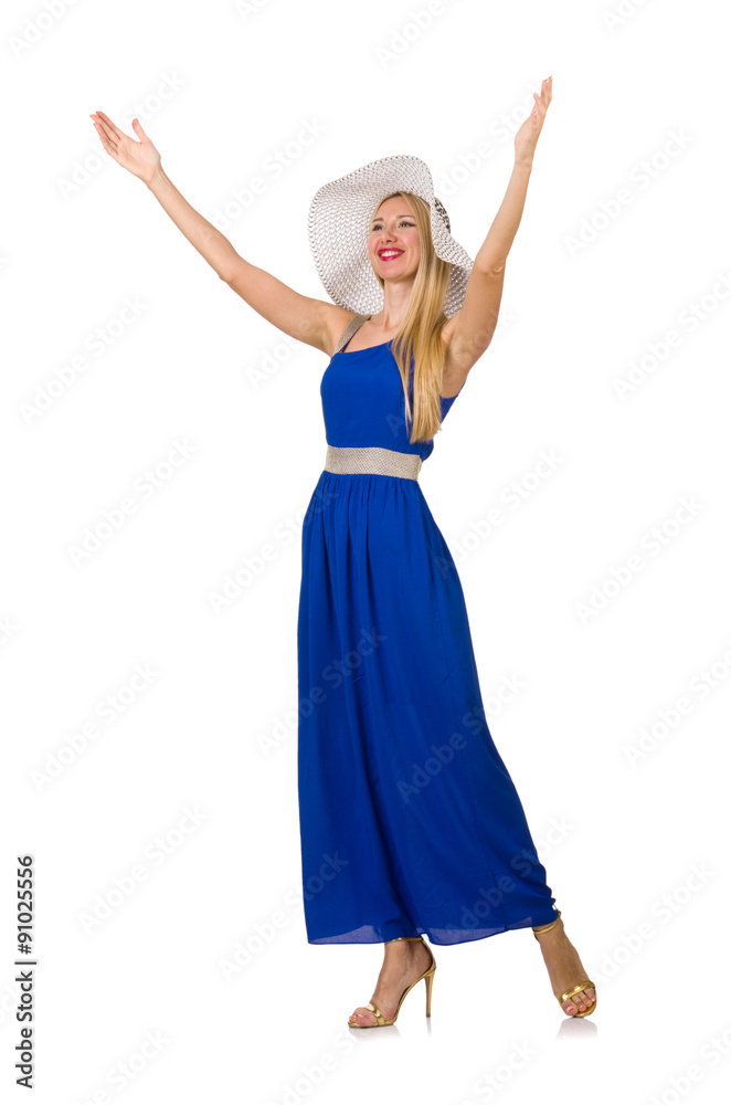 Beautiful woman in long blue dress isolated on white Beautiful woman in long blue dress isolated on white
