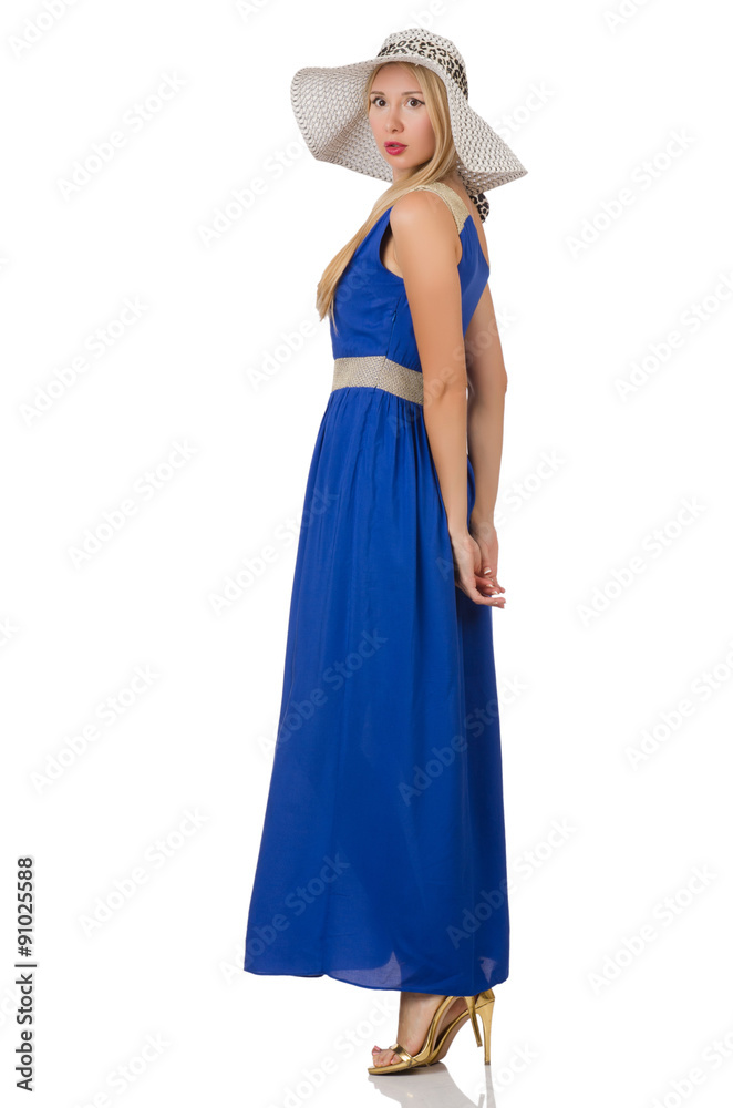 Beautiful woman in long blue dress isolated on white Beautiful woman in long blue dress isolated on white
