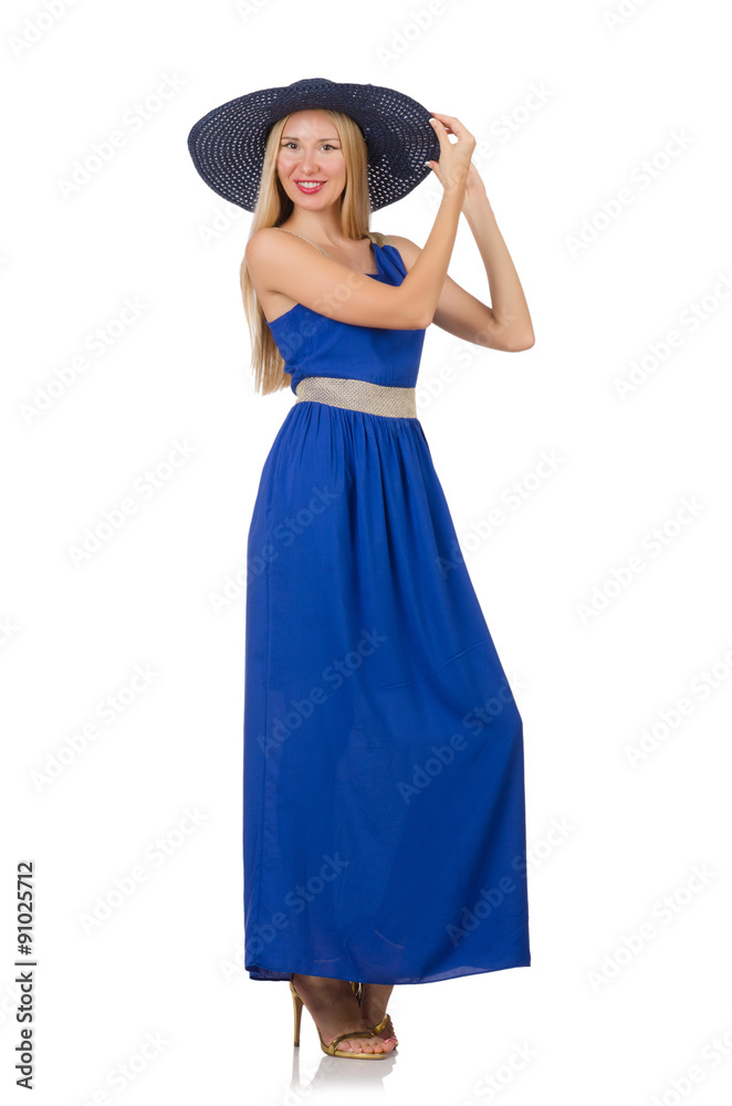 Beautiful woman in long blue dress isolated on white Beautiful woman in long blue dress isolated on white