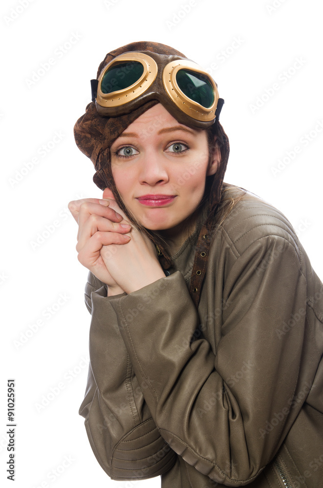 Funny woman pilot isolated on white Funny woman pilot isolated on white