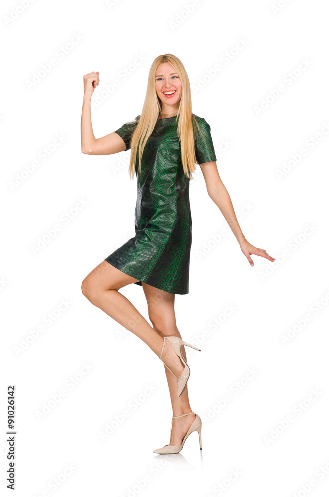 Fototapeta premium Young woman in green dress isolated on white