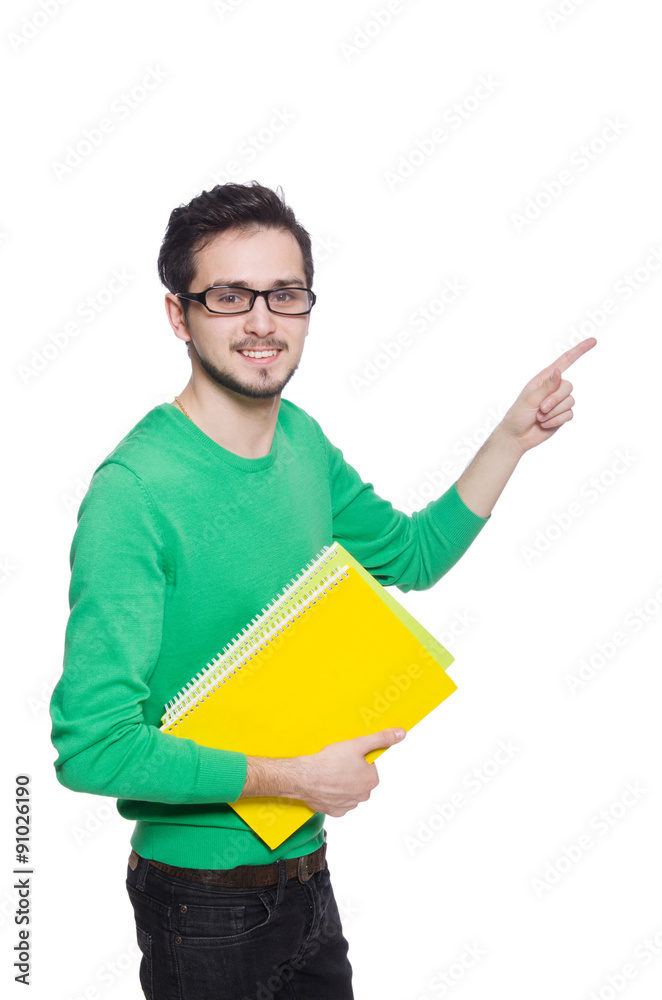Student pressing virtual button isolated on white Student pressing virtual button isolated on white