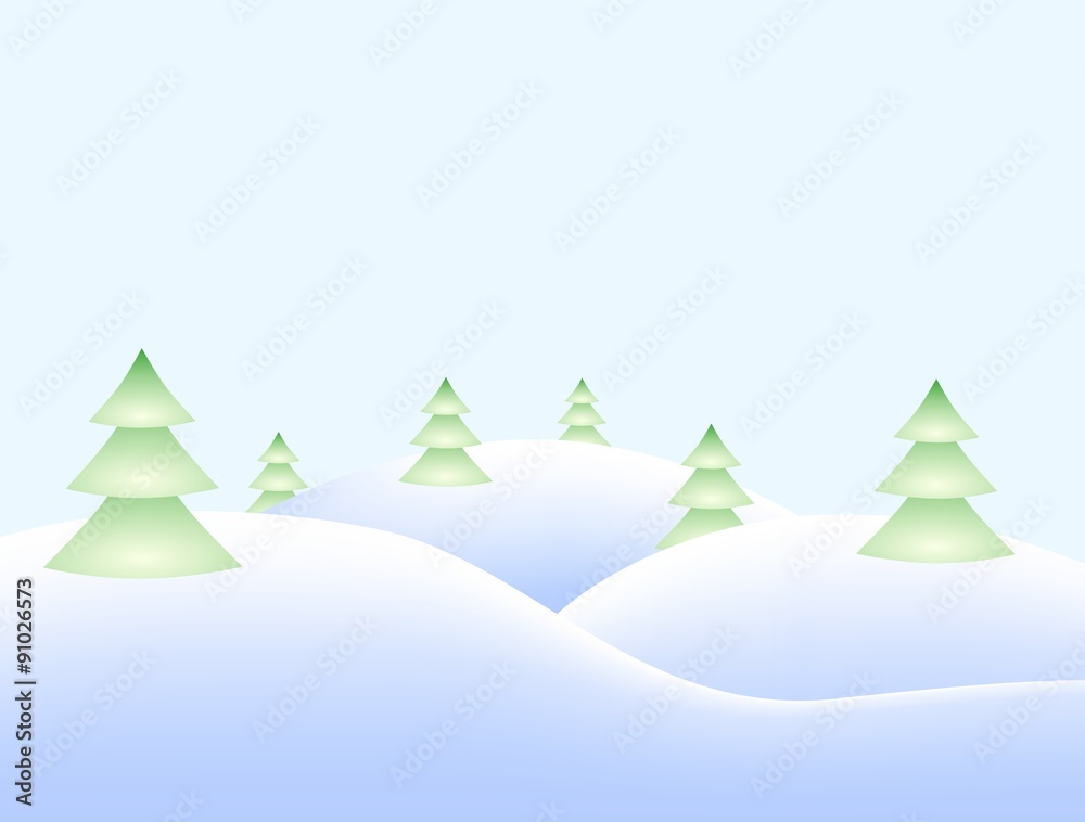 Winter landscape with snowy hills and snowy coniferous trees