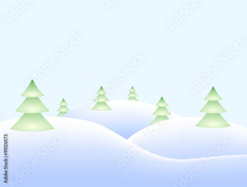 Winter landscape with snowy hills and snowy coniferous trees