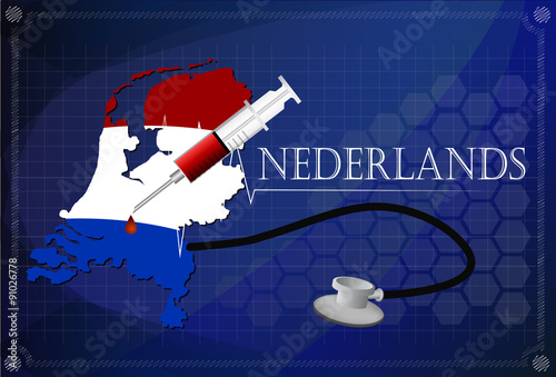 Map of Nederlands with Stethoscope and syringe.