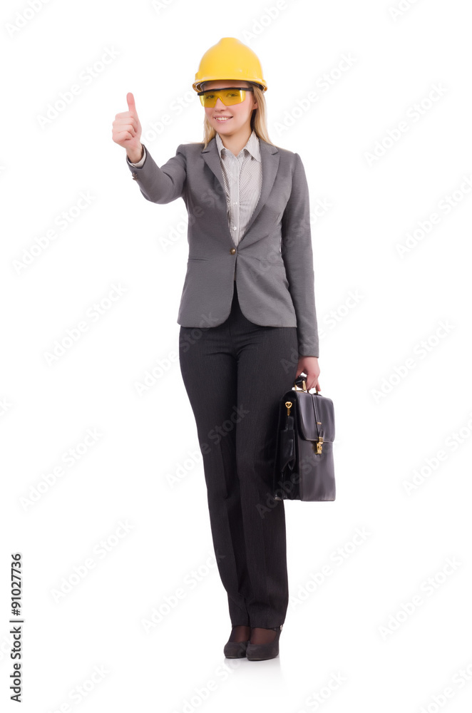 Female engineer in helmet and briefcase isolated on white Female engineer in helmet and briefcase isolated on white