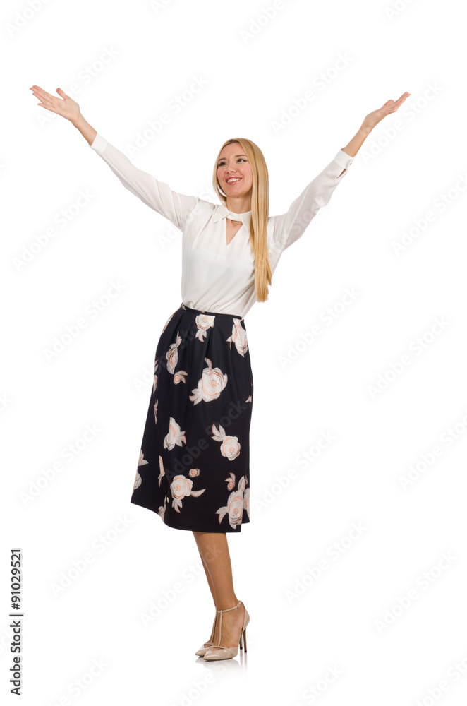 Pretty girl in black skirt with flowers isolated on white Pretty girl in black skirt with flowers isolated on white