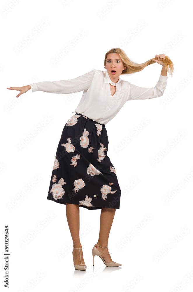 Pretty girl in black skirt with flowers isolated on white Pretty girl in black skirt with flowers isolated on white