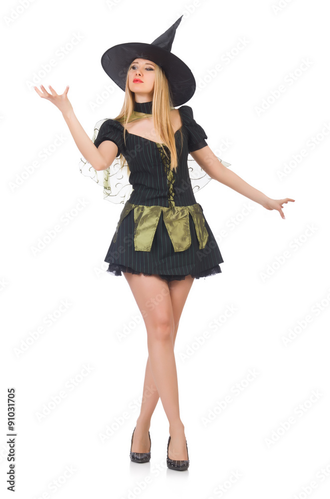 Beautiful witch in black dress isolated on white Beautiful witch in black dress isolated on white