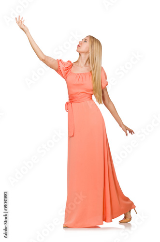 Young woman in pink romantic dress isolated on white