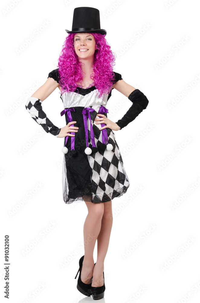 Pretty girl in jester costume isolated on white Pretty girl in jester costume isolated on white