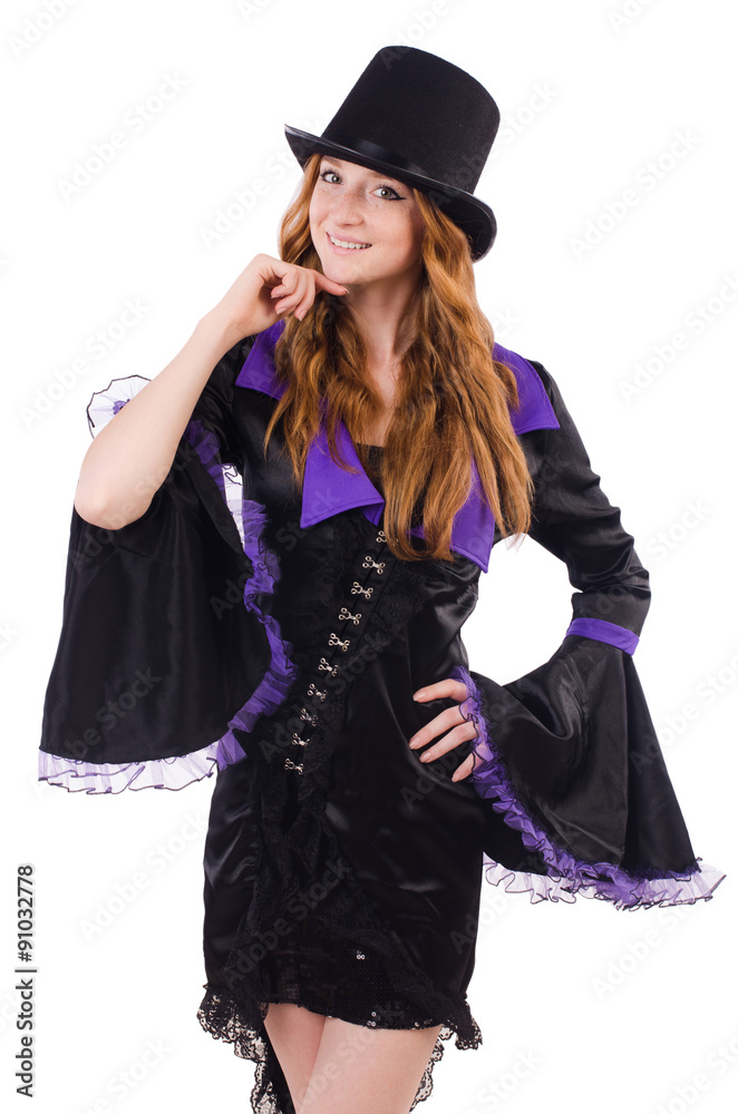 Pretty girl in purple carnival clothing and hat isolated on Pretty girl in purple carnival clothing and hat isolated on