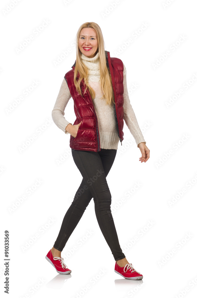 Blond hair girl in bordo vest isolated on white Blond hair girl in bordo vest isolated on white