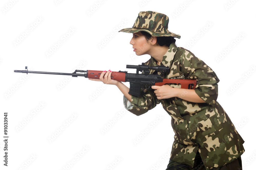 Fototapeta premium Woman with sniper weapong isolated on white