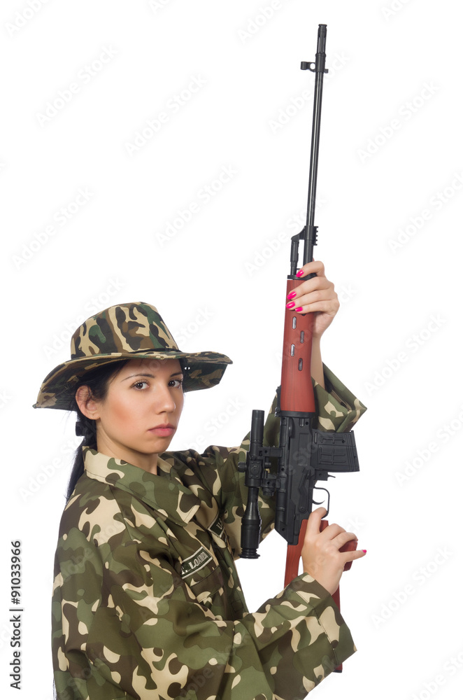 Woman with sniper weapong isolated on white Woman with sniper weapong isolated on white