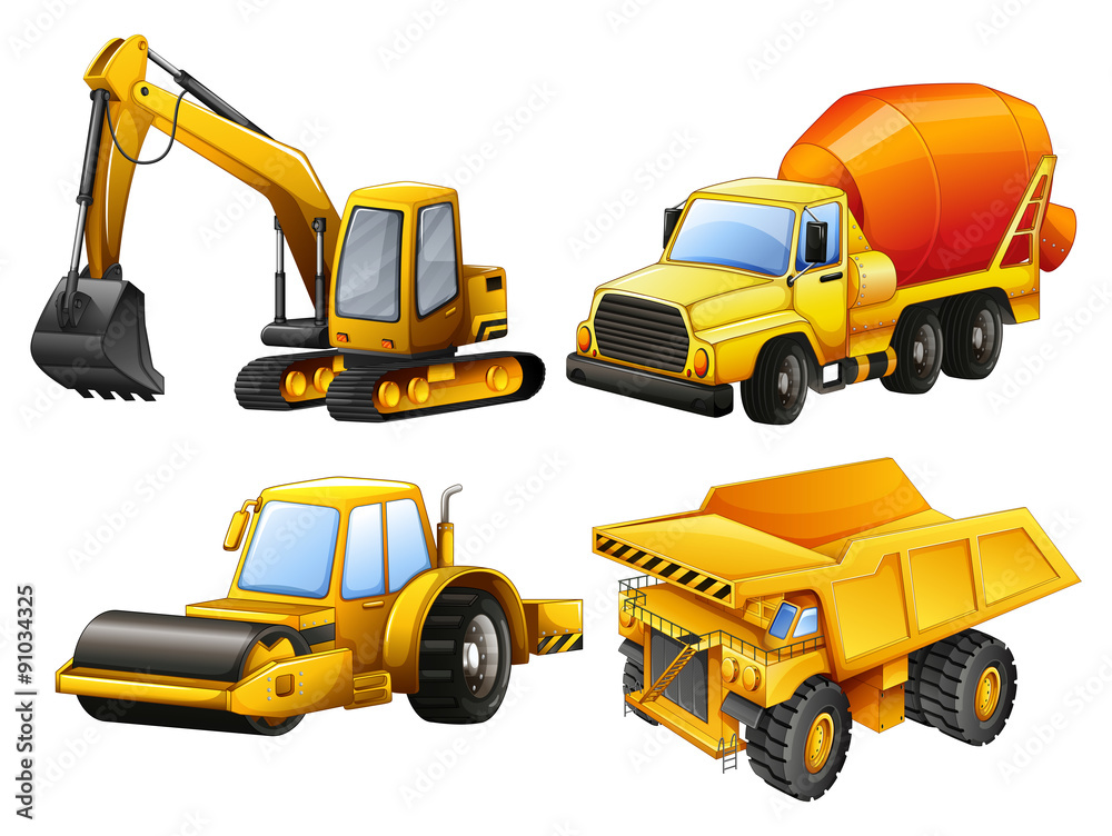 Tractors and bulldozers in yellow